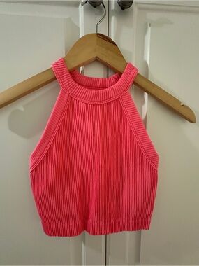 aerie Hot Pink Ribbed Halter Crop Top